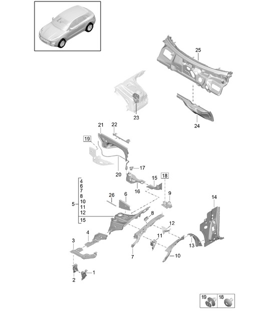 Front end / Suspension strut mounting / Firewall  95B (II / III) Macan  2019 - 2024