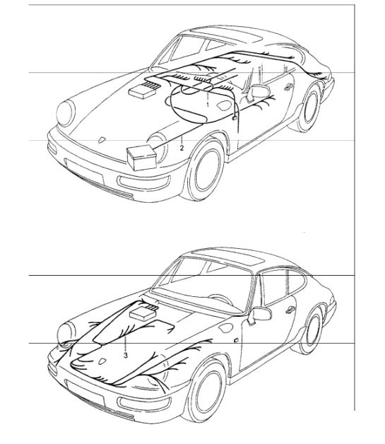 wiring harnesses: passenger compartment, starter battery, FRONT luggage compartment 964 1989-94