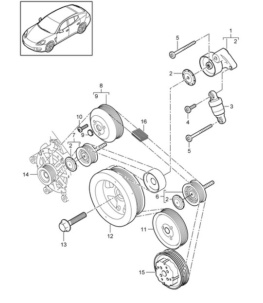 Belt tensioner / Belt drive (Model: 4620,4640, CWAA,CXNA) Panamera 970 (G1) 3.6L 2010-16