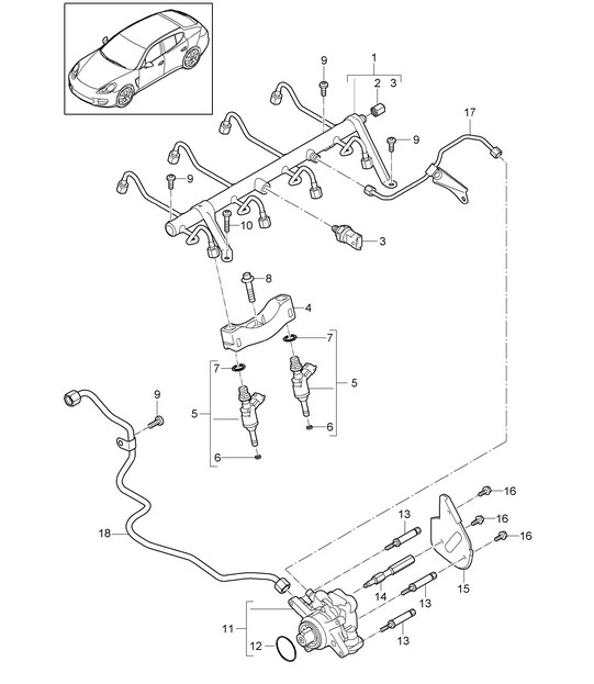 Fuel collection pipe / high-pressure injector / high pressure pump (Model: 4820,4840, 4870,CXPA, CXRA,CXR, CWBA,CWB, CWCA,CWC) Panamera 970 (G1) 4.8L 2010-16