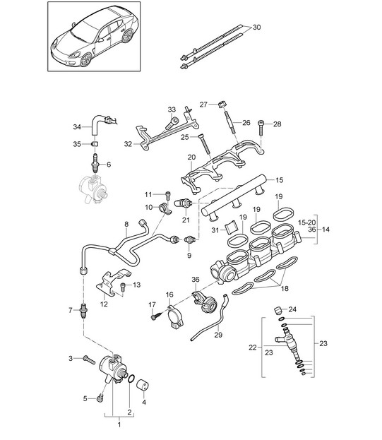 Fuel collection pipe / High-pressure injector / High pressure pump (Model: CGEA,CGE, CGFA) Panamera 970 (G1) 3.0L HYBRID 2012-16
