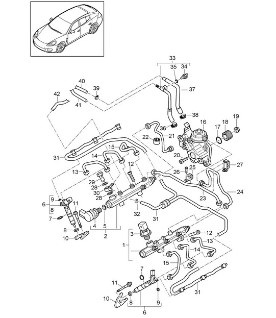 Fuel collection pipe / high-pressure injector / high pressure pump (Model: CRCC,CRCB, CWJA) Panamera 970 (G1) 3.0L DIESEL 2012-16