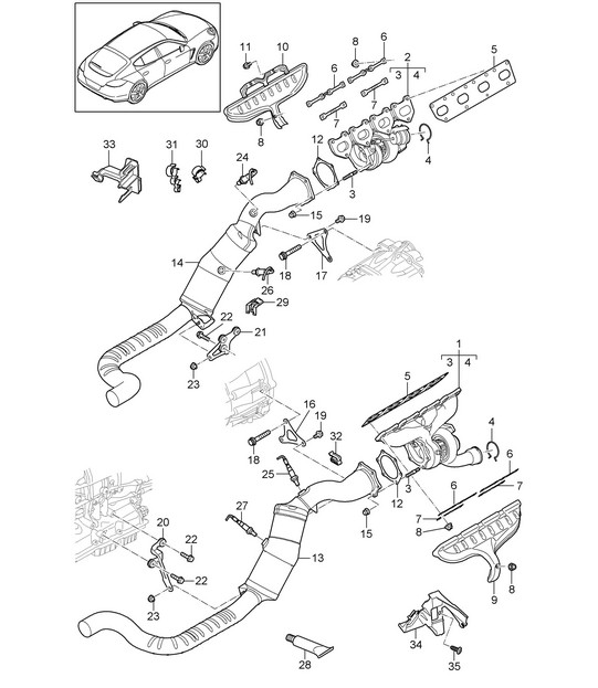 Exhaust system / Exhaust gas turbocharger / Catalytic converter / Lambda probe (Model: 4870,CWBA, CWB,CWCA,CWC) Panamera 970 (G1) 4.8L Turbo 2010-16