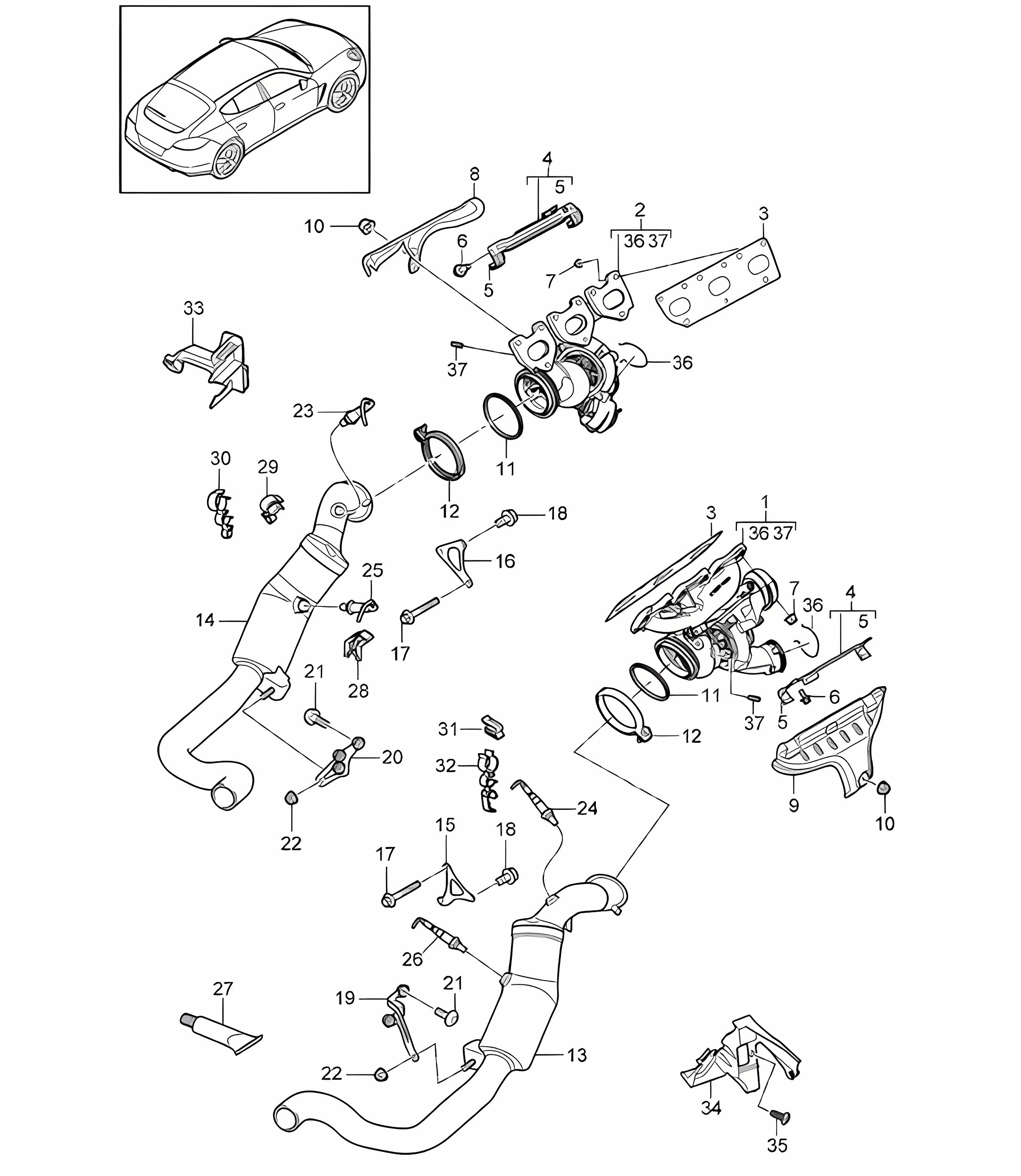 Exhaust system / Exhaust gas turbocharger / Catalytic converter / Lambda probe (Model: CWDA,CWD, CWFA,CWF) Panamera 970 (G1) 3.0L 2014>>