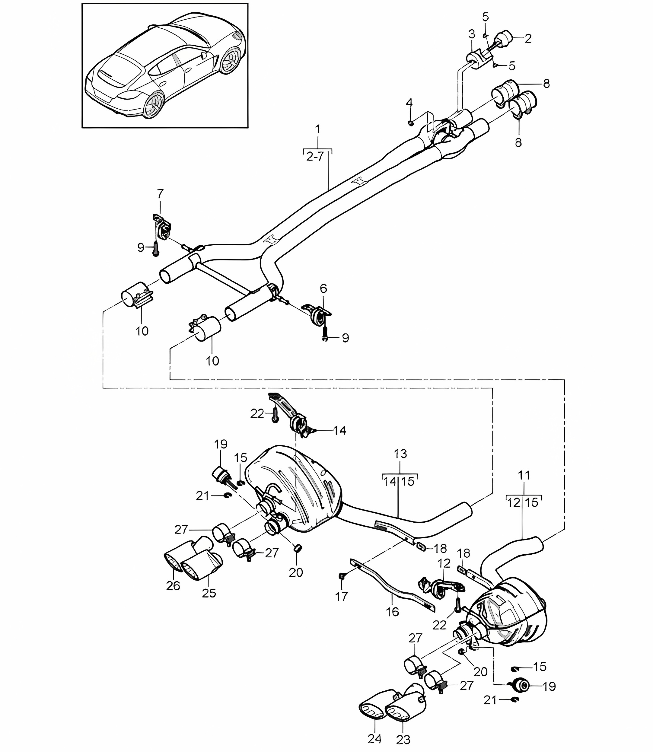 Exhaust system / Sport version / Front silencer / Rear silencer (PR:176,XLF) Panamera 970 (G1) 2014>>