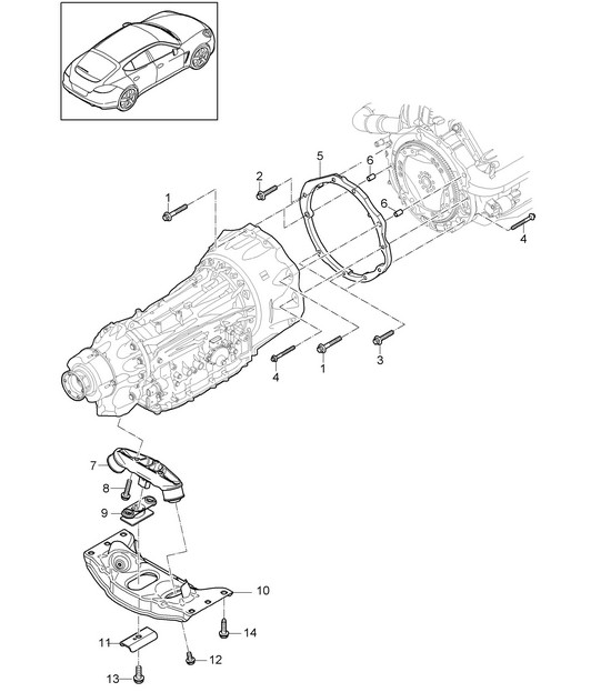 Mounting parts for engine and transmission / Transmission carrier (Model: A7010,A7011) Panamera 970 (G1) 3.0L DIESEL 2012-16