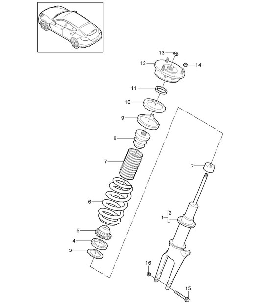 Suspension / Shock absorber strut (PR:029, Standard chassis) Panamera 970 (G1) 2010-16
