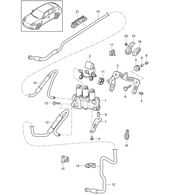 Anti-roll bar / Valve block / Junction / Pressure line (PR:351,355,  Air Suspension) Panamera 970 (G1)  2014>>