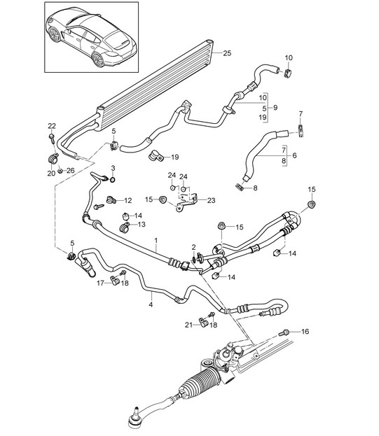 Power steering / Lines / Oil cooler (Model: CWAA,CWFA, CWF,CWDA, CWD,CRCB, CRCC,CGEA, CGE,CGFA, CWBA,CWB, CXPA,CXRA, CXR,CWJA+ PR:-351,-355) Panamera 970 (G1) 2014>>