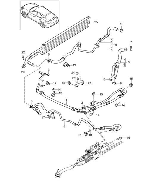 Power steering /  Lines / Oil cooler (Model:  CWAA,CWFA, CWF,CWDA, CWD,CWBA, CWB,CGEA, CGE,CGFA, CRCB,CRCC, CXPA,CXRA, CXR,CWCA, CWC+ PR:351,355) Panamera 970 (G1) 2014>>