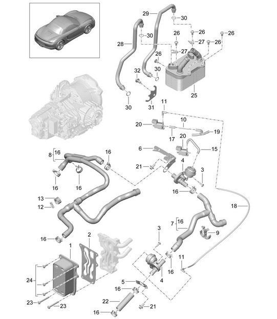 - PDK - Gearbox / Heat exchanger / Oil pipe / Water pipe (Model: CG205,CG225) 981 Boxster / Boxster S 2012-16