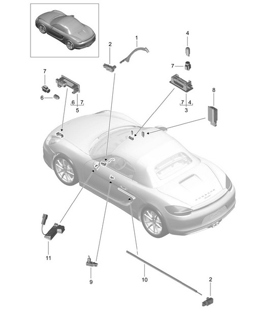 Interior lights / Door warning light / Footwell light / Luggage compartment lamp / Glove box light / Light / Exterior mirror 981 Boxster / Boxster S 2012-16