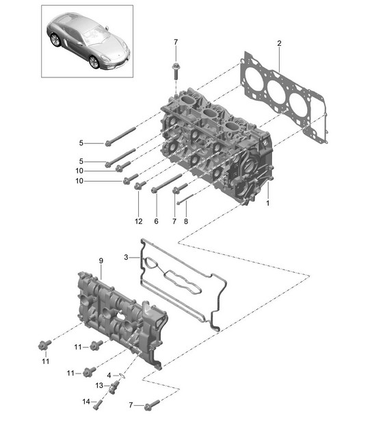 Cylinder head with: Valves, Cylinder head gasket, Valve cover 981C Cayman / Cayman S 2014-16