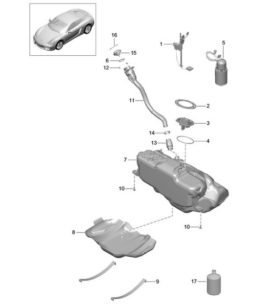 Diagram 201-000 Porsche Cayman 718 (982) 2017>> Brandstofsysteem, uitlaatsysteem