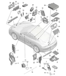 Control units / Electronics / Front end / Rear end / Handheld transmitter / Ignition/starter switch / Aerial / Garage door opener / Sensor / Interior monitoring 981C Cayman / Cayman S 2014-16
