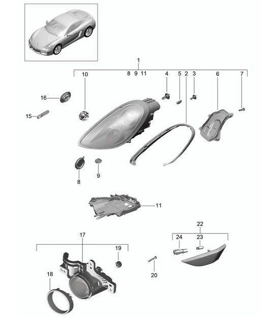Headlights / Additional headlight / Turn signal indicator / side marker light / Turn signal repeater (PR:-603, -620,-601) 981C Cayman / Cayman S  2014-16