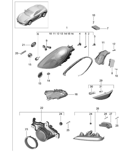 Headlights with: Dynamic cornering light / Additional headlight / Turn signal indicator / side marker light / Turn signal repeater (PR:603,620) 981C Casyman / Cayman S 2014-16