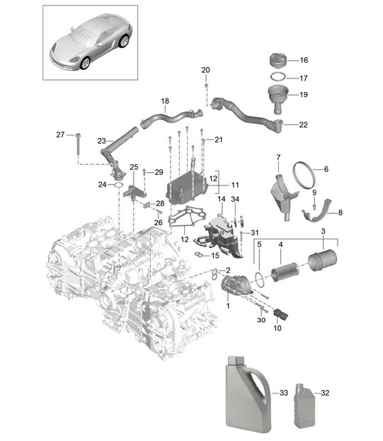 Engine lubrication / Oil filter / Oil inlet / Heat exchanger 718C (982C) Cayman 2017>>