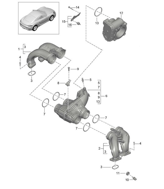 Intake air distributor / Throttle valve adapter 718C (982C) Cayman 2017>>
