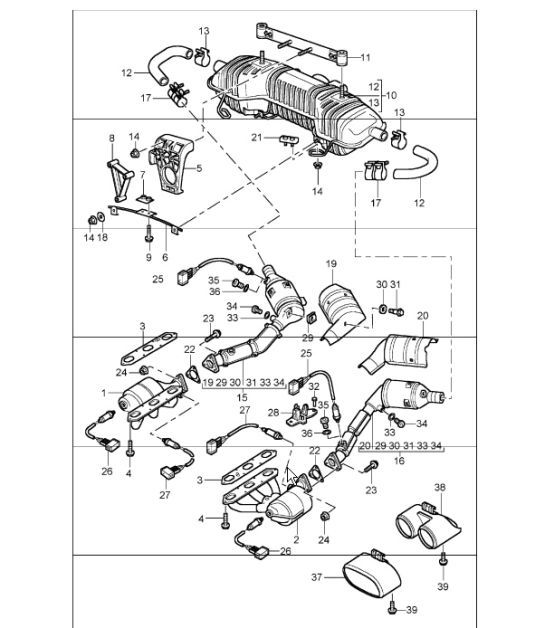 Diagram 202-05 Porsche Boxster 986 2.5L 1997-99 Système de carburant, système d'échappement
