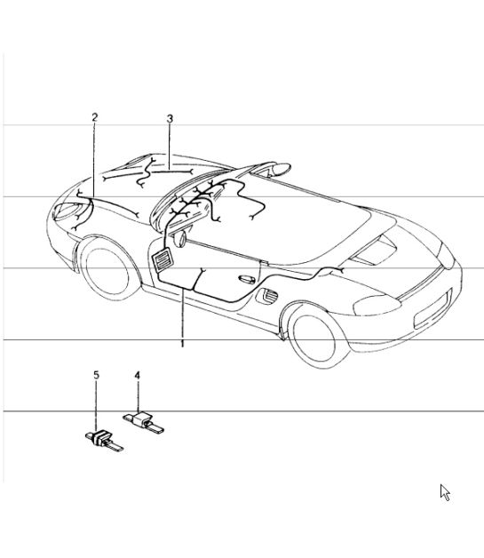 wiring harnesses: passenger compartment, glove compartment, FRONT luggage compartment, repair kit, anti-lock brake system, brake pad wear indicator, front axle for 986 Boxster 1997-04