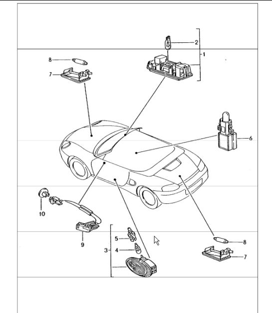 interior lights: luggage compartment lamp, engine compartment lamp, footwell light (IXX2), combined lights and door opener for 986 Boxster 1997-04