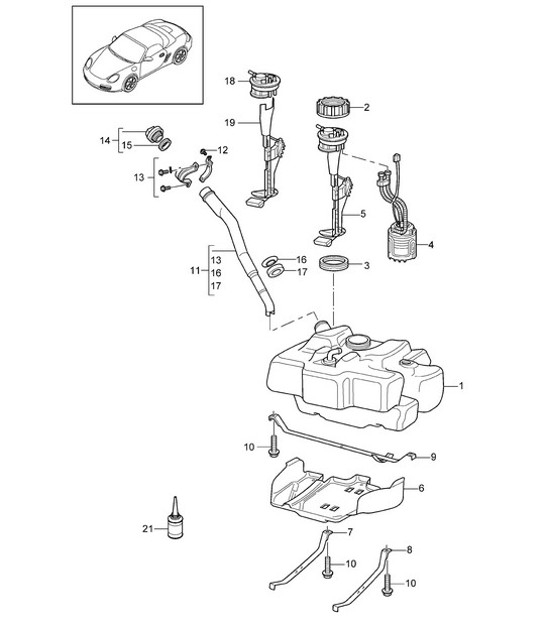 Diagram 201-000 Porsche 开曼 2.7L 981 2013-16 燃油系统、排气系统