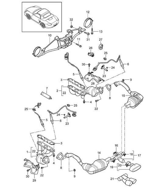Diagram 202-000 Porsche Boxster S 986 3.2L 2003-04 Fuel System, Exhaust System
