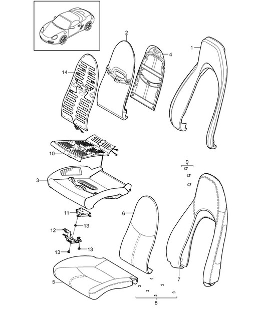 Foam part / Cover / Standard seat (PR:369,370) / Comfort seat (PR:437,438) 987.2 Boxster / Boxster S 2009-12