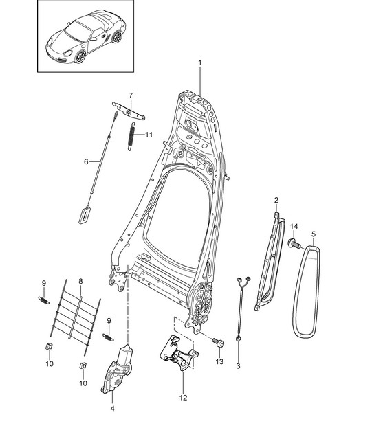 Backrest frame / Standard seat (PR:369,370) / Comfort seat (PR:437,438)  987.2 Boxster / Boxster S 2009-12