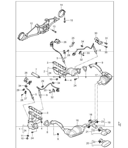 Diagram 202-00 Porsche Boxster 981 2.7L 2012-16 Sistema de combustible, sistema de escape
