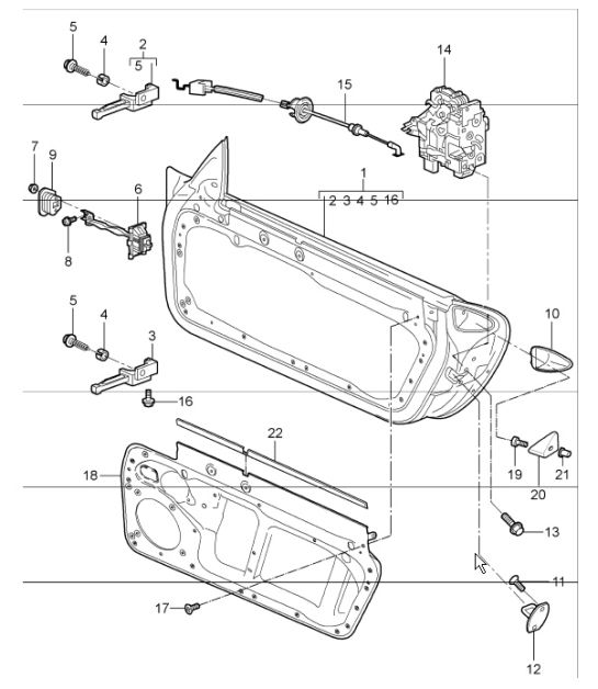 door in white, installation parts, door lock 987 Boxster / Boxster S 2005-08