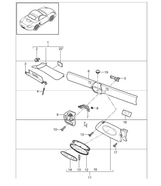 windscreen frame, sun visors 987 Boxster / Boxster S 2005-08