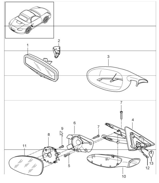 interior mirror, door mirror 987 Boxster / Boxster S 2005-08