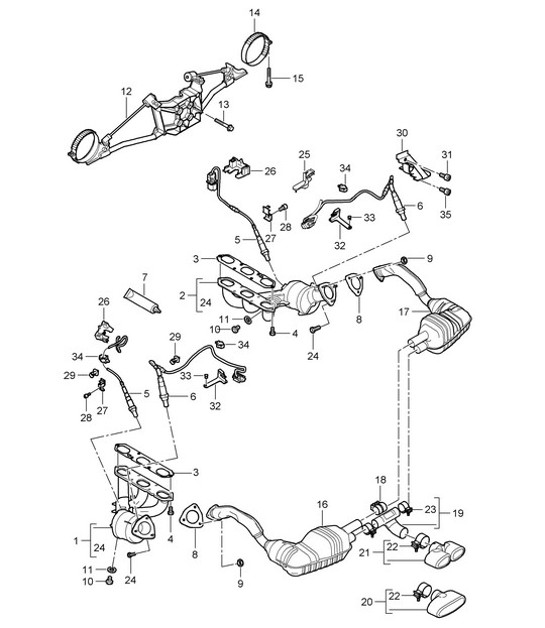 Diagram 202-000 Porsche Boxster S 986 3.2L 2003-04 Sistema de combustible, sistema de escape