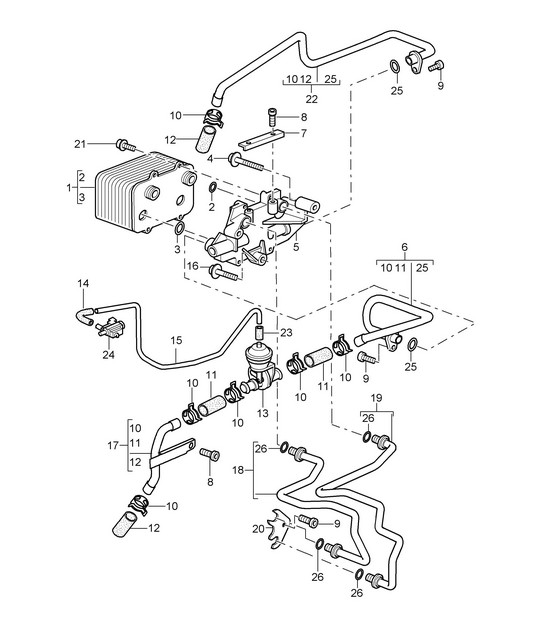 Tiptronic  / Gear oil cooler / Oil pressure line for gearbox oil cooling - A8702,A8721+ PR:249 - 987C.1 Cayman 2006-08