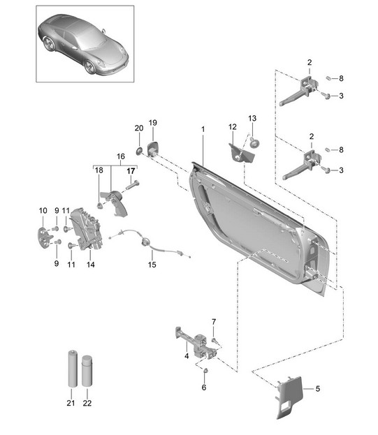Door shell / with installation parts / Door lock 991.1 2012-16
