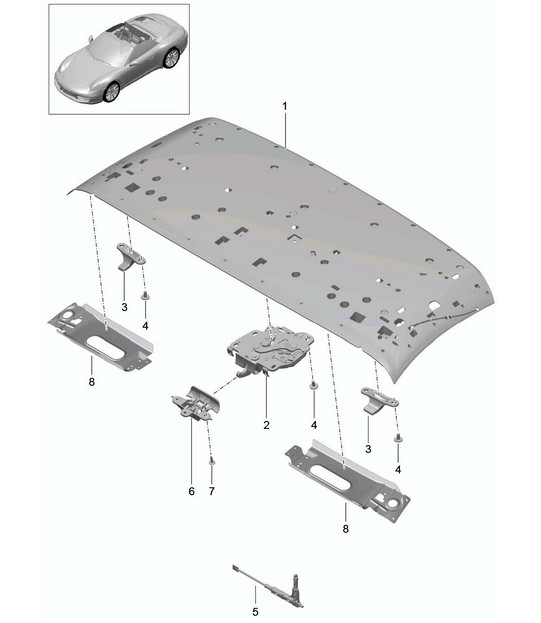 Top frame / roof frame / catch - Front, CABRIO - 991.1. 2012-16 