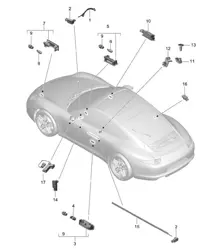 Interior lights / Door warning light / Footwell light / Luggage compartment lamp / Glove box light / Light / Exterior mirror 991.1 2012-16
