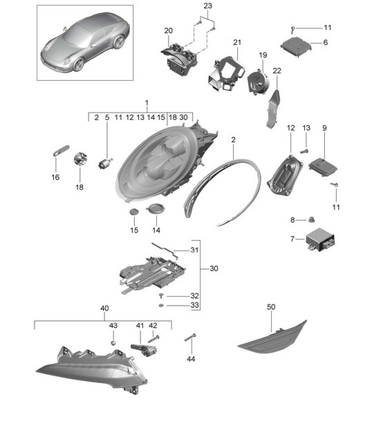 LED Headlights / Additional headlight / Turn signal indicator /side marker light / Turn signal repeater (PR: 602, XEY) 991.1 2012-16