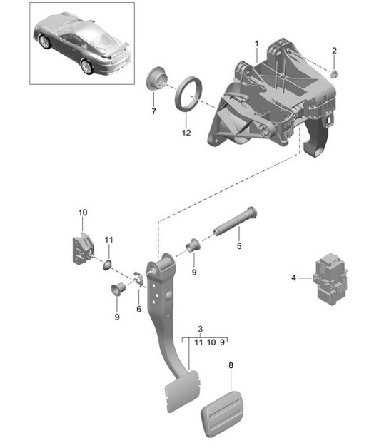 Diagram 702-000 Porsche Macan (95B) MK1 (2014-2018) Hendelsysteem, pedaalcluster 