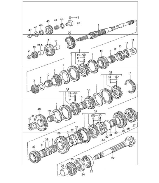 gears and shafts for 993 CARRERA G50.20/21,  993 CARRERA 4 G64.20/21 (1995 onwards),  993 CARRERA RS G50.31/32/33 and 993 TURBO G64.51 1994-98