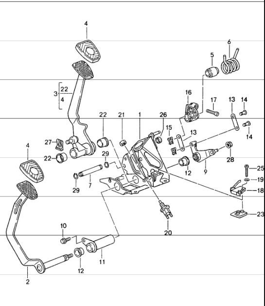 Diagram 702-00 Porsche Boxster 986 2.7L (1999-2002) Hendelsysteem, pedaalcluster 