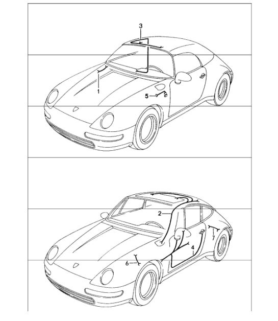 wiring harnesses: luggage compartment lamp, sunroof, convertible top control, driver's door, passenger's door, direction indicator light, anti-lock brake system for 993 1994-98