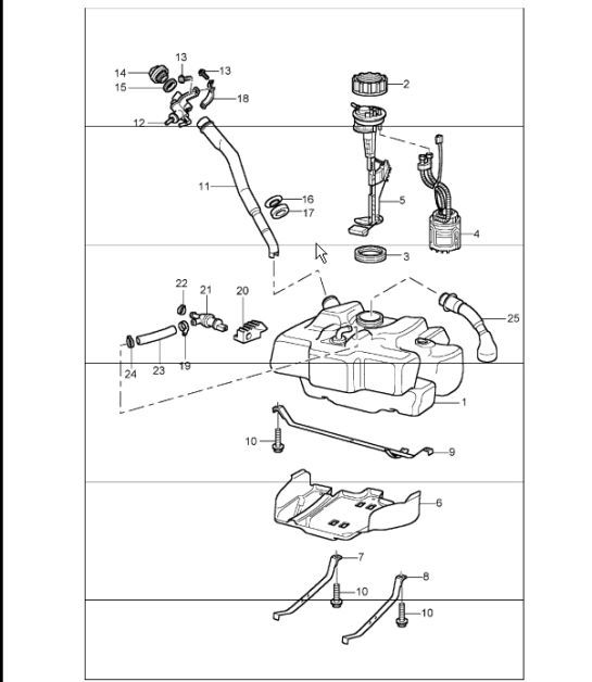 Diagram 201-00 Porsche Cayenne S V8 4.8L Benziner 400 PS Kraftstoffsystem, Abgassystem