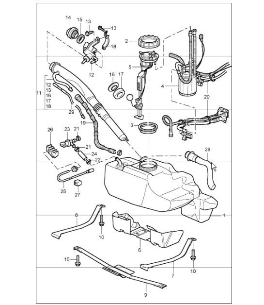 Diagram 201-01 Porsche Boxster 986 2.7L 1999-02 Système de carburant, système d'échappement