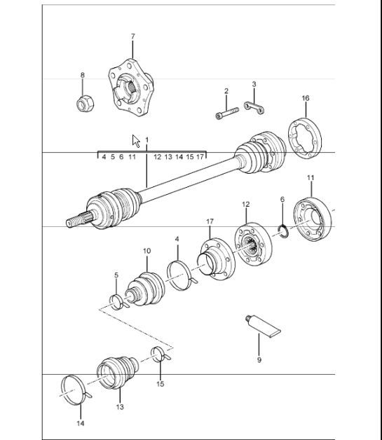 drive shaft and wheel hub for 996 M480 (6-speed manual) F 992S6 03556>>, F 992S6 42148>>, F 992S6 30714>> and 996 M249 (Tiptronic) F 992S6 03623>>, F 992S6 42182>>, F 992S6 30737>>