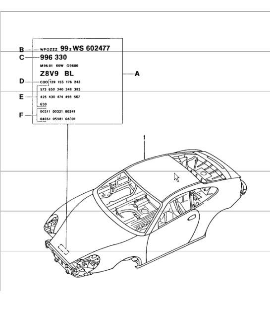 body in white (prime coated sealed with underbody protection with doors/lids/wings) 996 1998-05