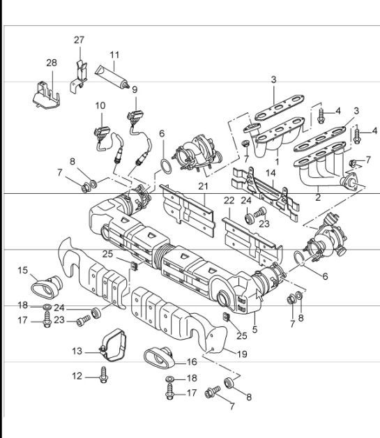 Diagram 202-00 Porsche Boxster 986 2.7L 1999-02 Sistema de combustible, sistema de escape