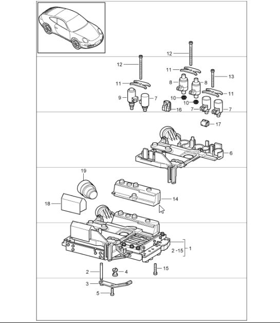 tiptronic: switch unit, solenoid valve and pressure regulator for 997.1 CARRERA C2 A97.01 TIPTRONIC 2005-08 and 997.1 CARRERA C4 A97.31 TIPTRONIC 2006-08